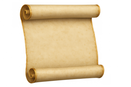 Vintage parchment scroll revealing empty surface, ready for historical document design against transparent background