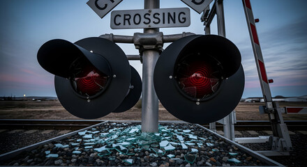 Train Crossing Signal Malfunction with Broken Glass at Dusk Scene