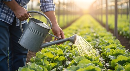 A person using a watering can to gently water new seedlings in a vegetable garden