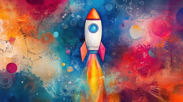 Rocket launching against vibrant abstract cosmic background