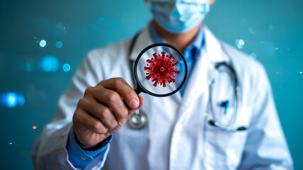 A medical professional’s hand holds magnifying glass over digital screen displaying detailed red coronavirus cell