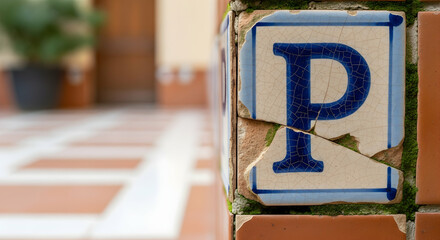 Parking Signage Deteriorated With Blue Letter On Tiled Wall Detail Outdoors