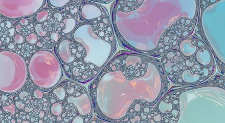 Abstract fractal pattern of iridescent bubbles and complex geometric cellular structures