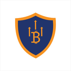 Bitcoin shield logo with orange upward arrows for cryptocurrency protection concept