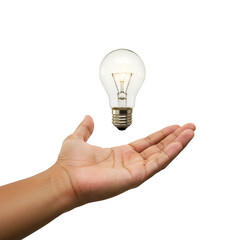 hand holding light bulb isolated on white or transparent background. PNG format.