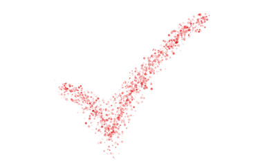 Pink glitter dust particle tick sign. Sparkling pink powder tick sign on a transparent background. Shiny bokeh dust effect. Elegant decorative element for festive and luxury celebrations.