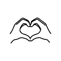 A black and white linear vector of two hands forming a heart shape with fingers. 