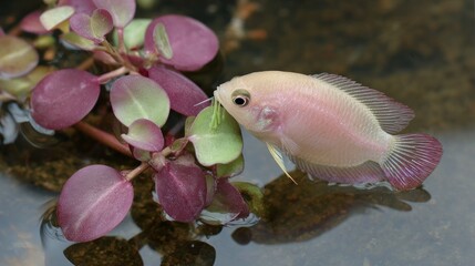 Obraz premium Pink fish eating plant in water