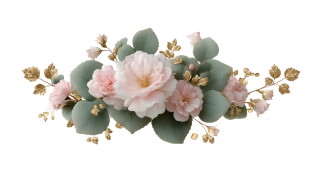 Delicate pink roses with eucalyptus leaves and gold accents isolated on transparent background