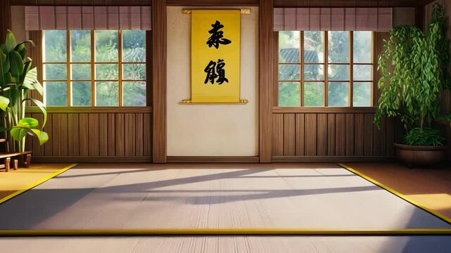 Empty Japanese martial arts dojo with tatami mats and windows