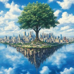 Fototapeta premium Floating island city with a large tree.