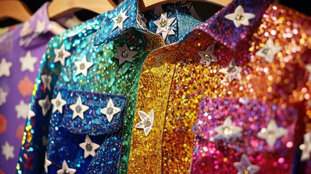 Close-up of multicolored, glittery shirts adorned with stars
