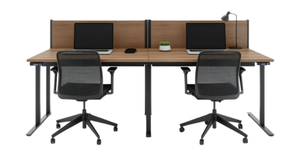 Dual user desk with two chairs and separate laptops, team setup Transparent background, PNG