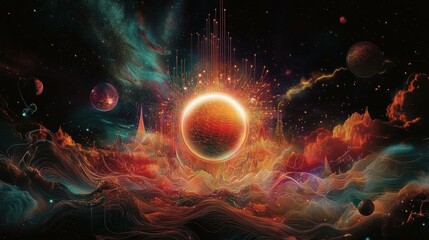 Mystical celestial landscape with planets and energy beams