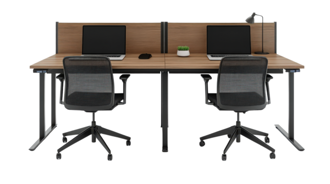 Dual user desk with two chairs and separate laptops, team setup Transparent background, PNG