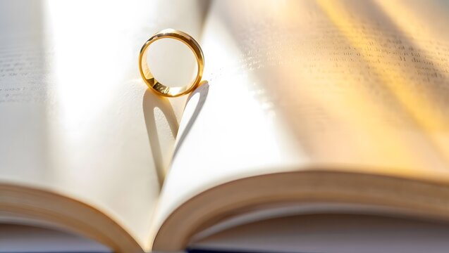 Golden Wedding Ring Casting Heart Shadow on Open Book Pages Warm Sunlight Illumination Romantic Symbol