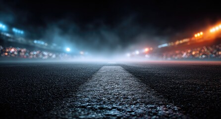 Night race track, smoky atmosphere, stadium lights, crowd, competition