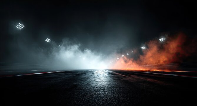 Night Race Track Asphalt, Smoke, Lights, Competition