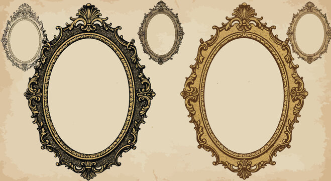 Elegant antique oval frames in gold and black with detailed ornate embellishments