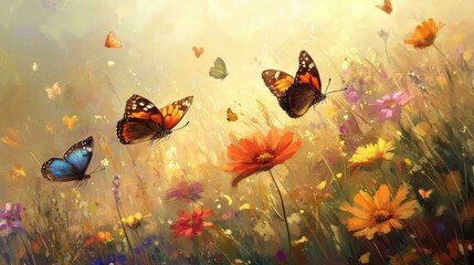 Colorful butterflies flying over wildflowers in sunny field