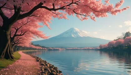Fototapeta premium Cherry blossom trees in bloom by calm lakeside with mountains