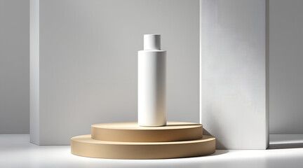White Cosmetic Bottle on Beige Pedestal Display