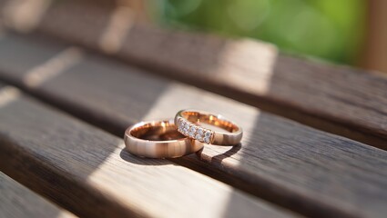 Two Rose Gold Wedding Bands Resting on Brown Wooden Slatted Surface Sunlight Illuminates Rings Diamonds Sparkle on One Band