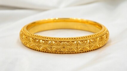 Luxury Gold Bangle Bracelet: Intricate Floral Design, Elegant and Luxurious, on White Silk.
