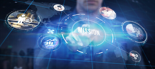 Mission concept. Financial success concept on virtual screen. Business, technology, internet and...