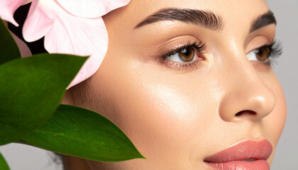 Fototapeta premium Radiant Skin Close-up of a Woman with Natural Beauty and Floral Accents