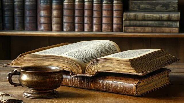 Aged books and a copper cup on a wooden table