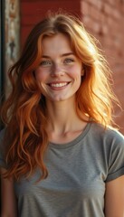 Fototapeta premium Young Caucasian woman smiling outdoors against brick wall