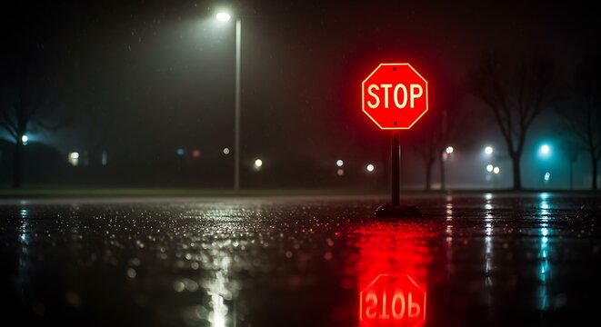 A red stop sign stands in the rain at night, its reflection shimmering on the wet street