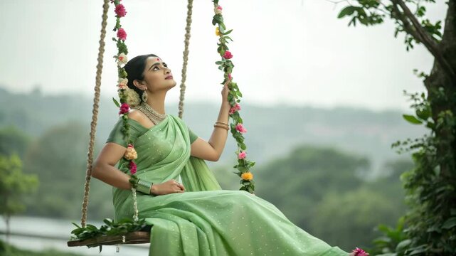 Elegant Woman in Green Saree on Floral Swing