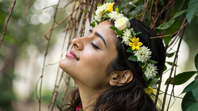 Woman with Floral Crown Enjoying Nature