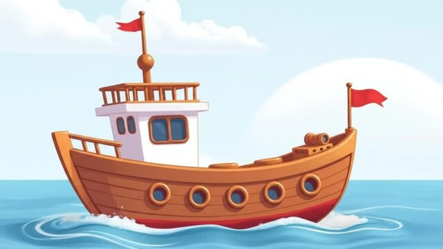 A cartoon boat wooden sails peacefully on a calm sea, adorned with red flags.