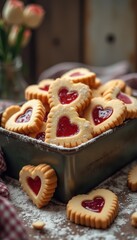 Heart-shaped cookies with red jelly filling, cozy indoor setting