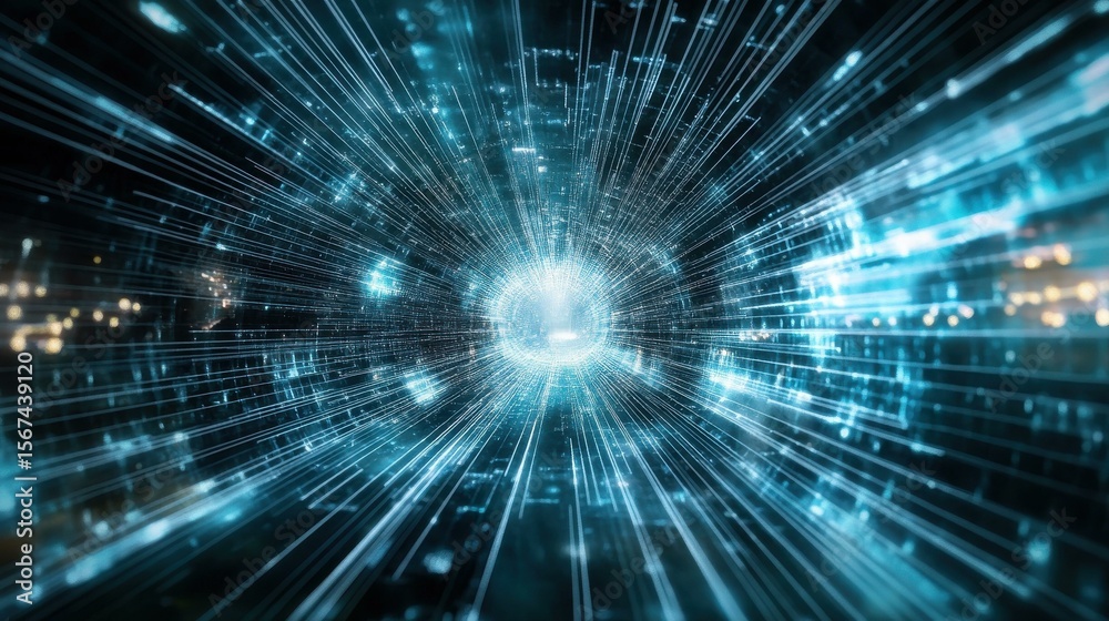Poster abstract digital tunnel with glowing lines and data streams