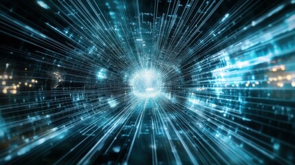 Abstract digital tunnel with glowing lines and data streams