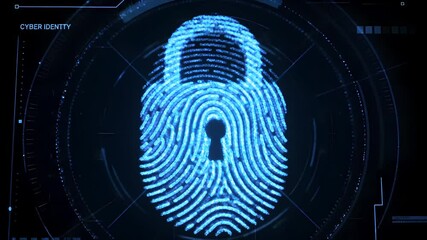 Digital fingerprint padlock security system glowing blue on a dark technological background - Powered by Adobe