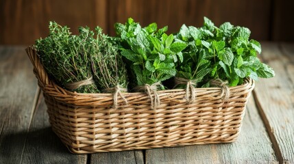 Naklejka premium Three bunches of fresh mint and thyme on rustic wooden table