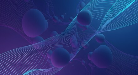 Dark blue background with floating orbs and wavy lines