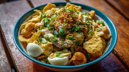 Bowl of noodles with assorted toppings