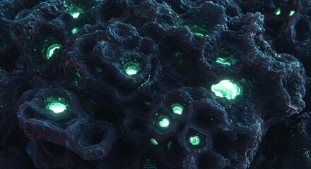 Dark textured surface with glowing green holes and intricate details