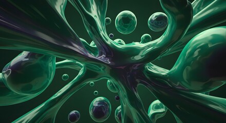 Fluid organic green shapes with purple highlights and suspended spheres