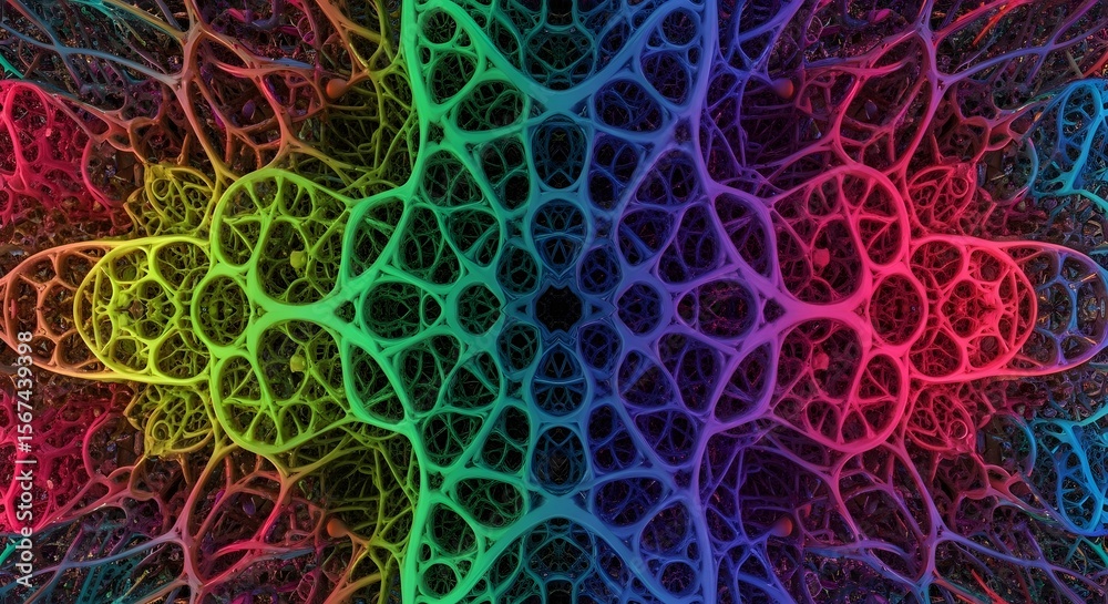 Fototapete fractal network of interconnected organic structures with a rainbow color gradient