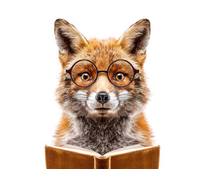 Obraz premium Fox animal glasses book reading cute intelligent orange fur isolated education knowledge mammal wildlife study literature humor whimsical smart focus learning wisdom portrait character creative