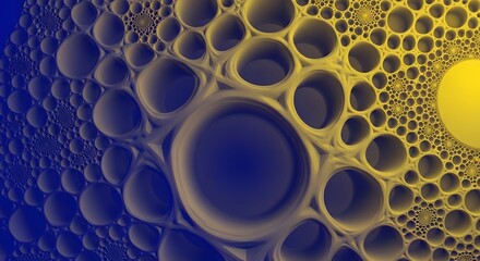 Fractal pattern of interconnected circular shapes in blue and yellow gradient
