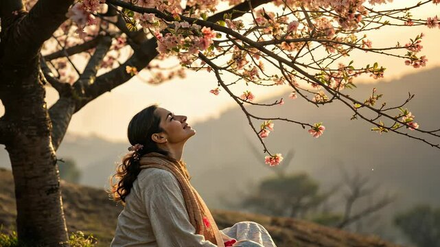 Meditative Woman Under Cherry Blossoms at Sunset
