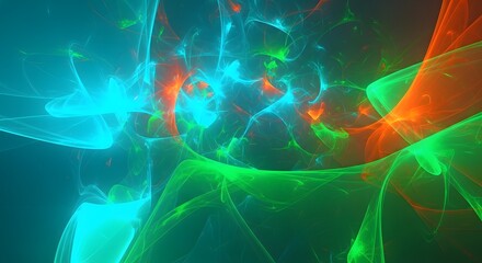 Fractal patterns of glowing light in teal green and orange